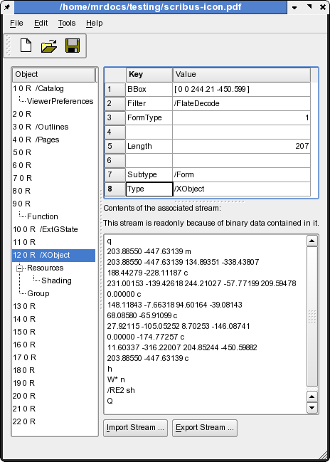 Podofo Browser walking through the internals of a Scribus created PDF